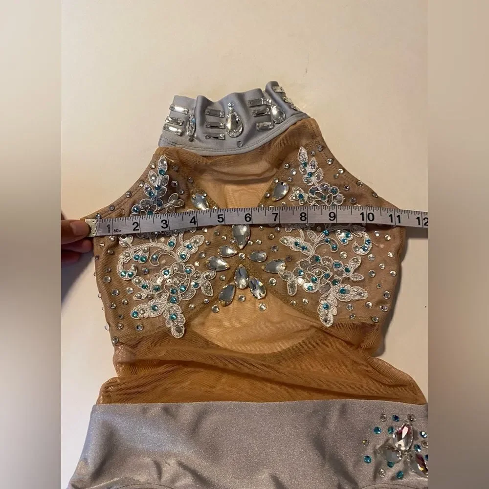 Patrick J designs dance costume silver gray nude illusion rhinestoned leotard CM
